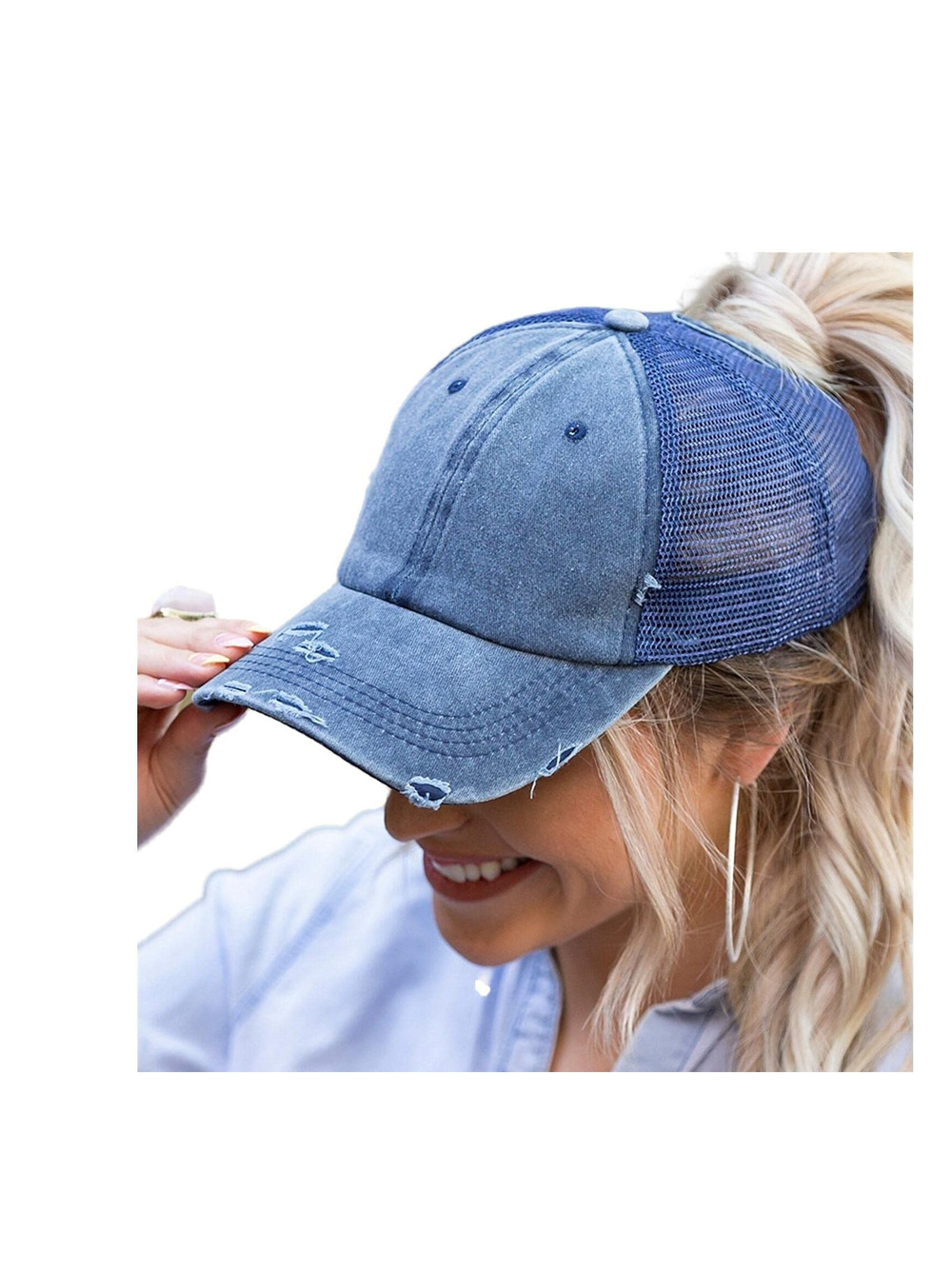 Womens High Ponytail Messy Bun Baseball Caps Distressed | Navy Blue | Size OS